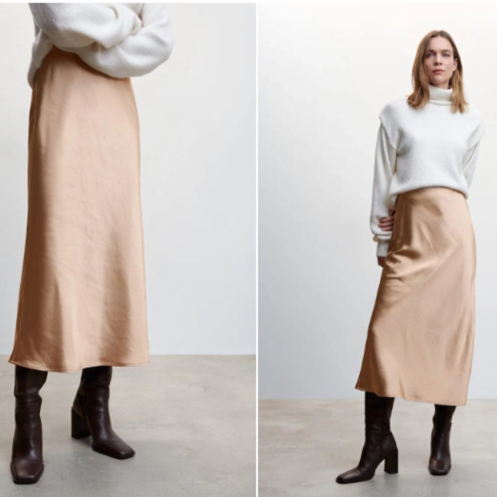 Mango Satin Long Skirt Beige